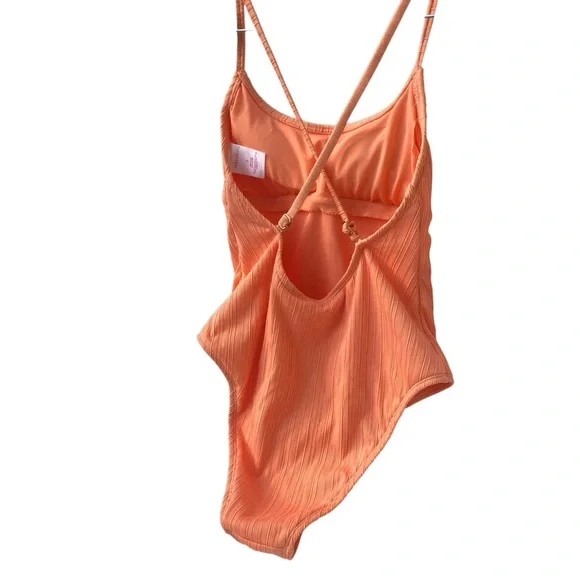 NWOT Xhilaration Tangerine Orange Peach Ribbed Backless One-Piece Swimsuit - S - Picture 10 of 16
